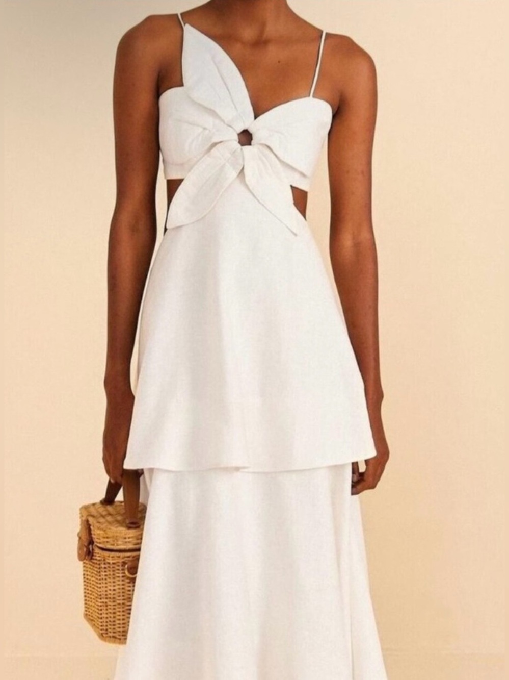 FARM Rio Flower Bodice Tiered Linen Blend Maxi Dress White Size Small